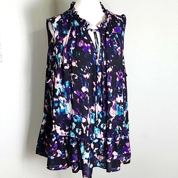 Boutique Sleeveless Colorful Top, Ruffled Stand-up Collar with Tie, Size 2X - Picture 7 of 9